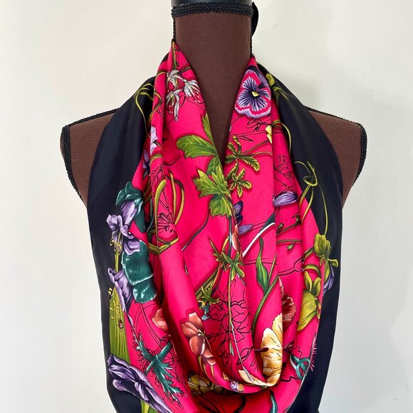 Gucci Silk Wrap Logo Flora Infinity Print Hot Pink Multicolor Scarf - Picture 11 of 16